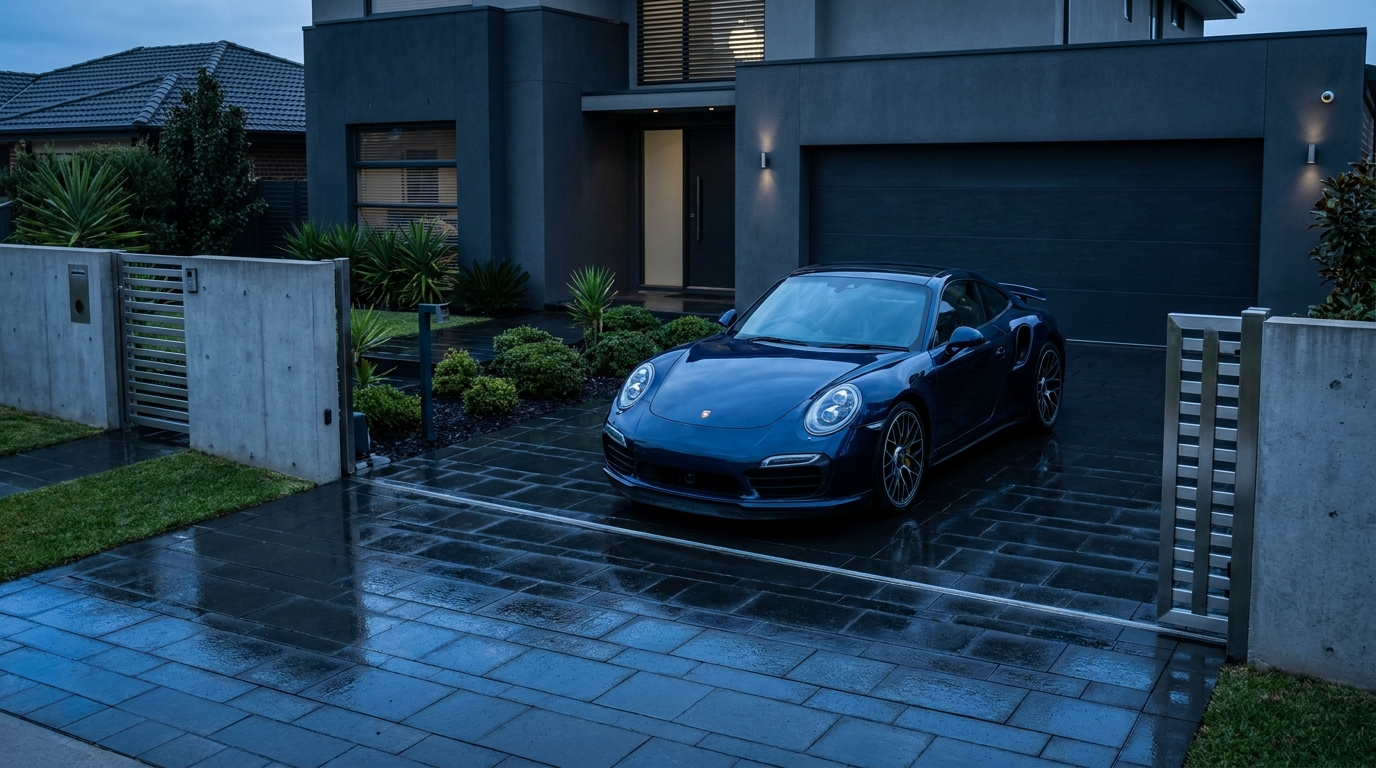 High-end vehicle parked in a pristine neighborhood driveway